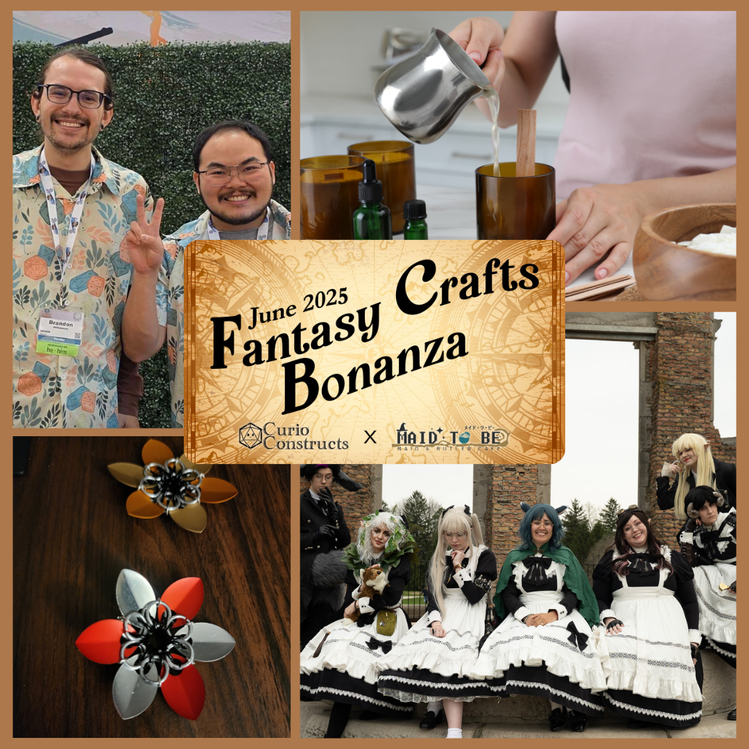 A collage of the crews of Curio Constructs and Maid to Be as well as examples of candle pouring and a scale mail flower! :)